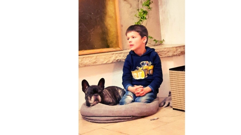 Boy with dog in his bed